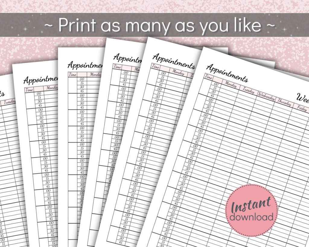 Appointment booking planner mon-sun 15 min intervals