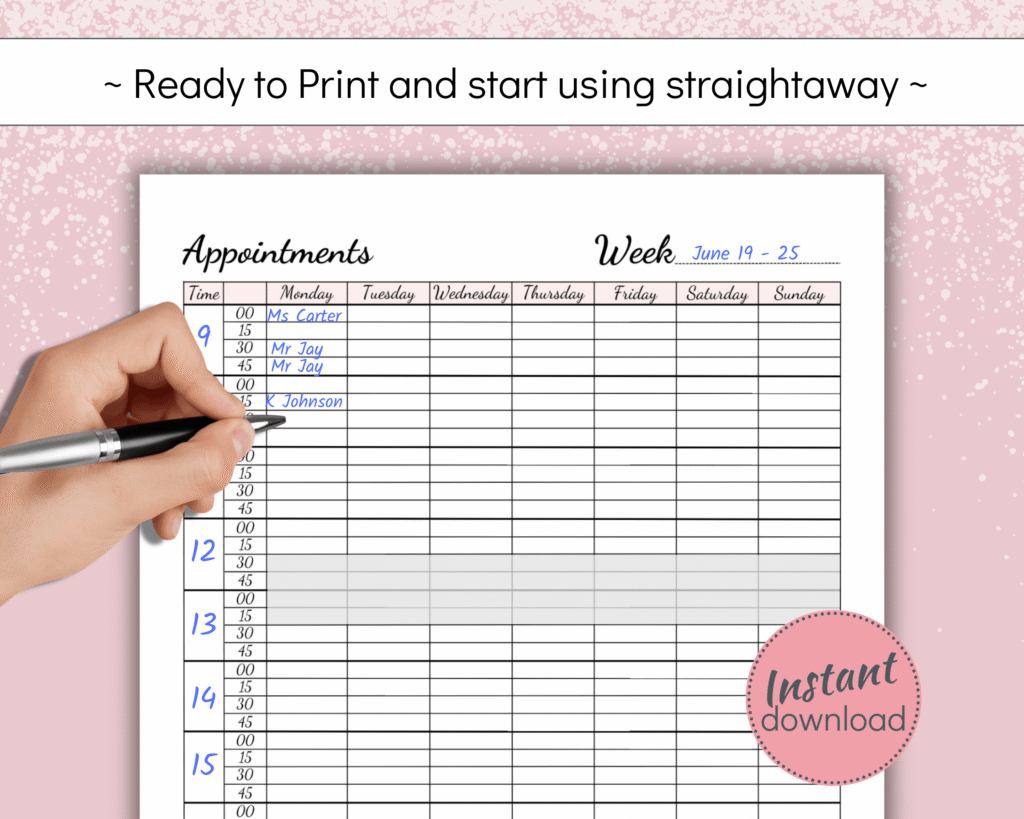 Printable weekly Appointment Planner for small business