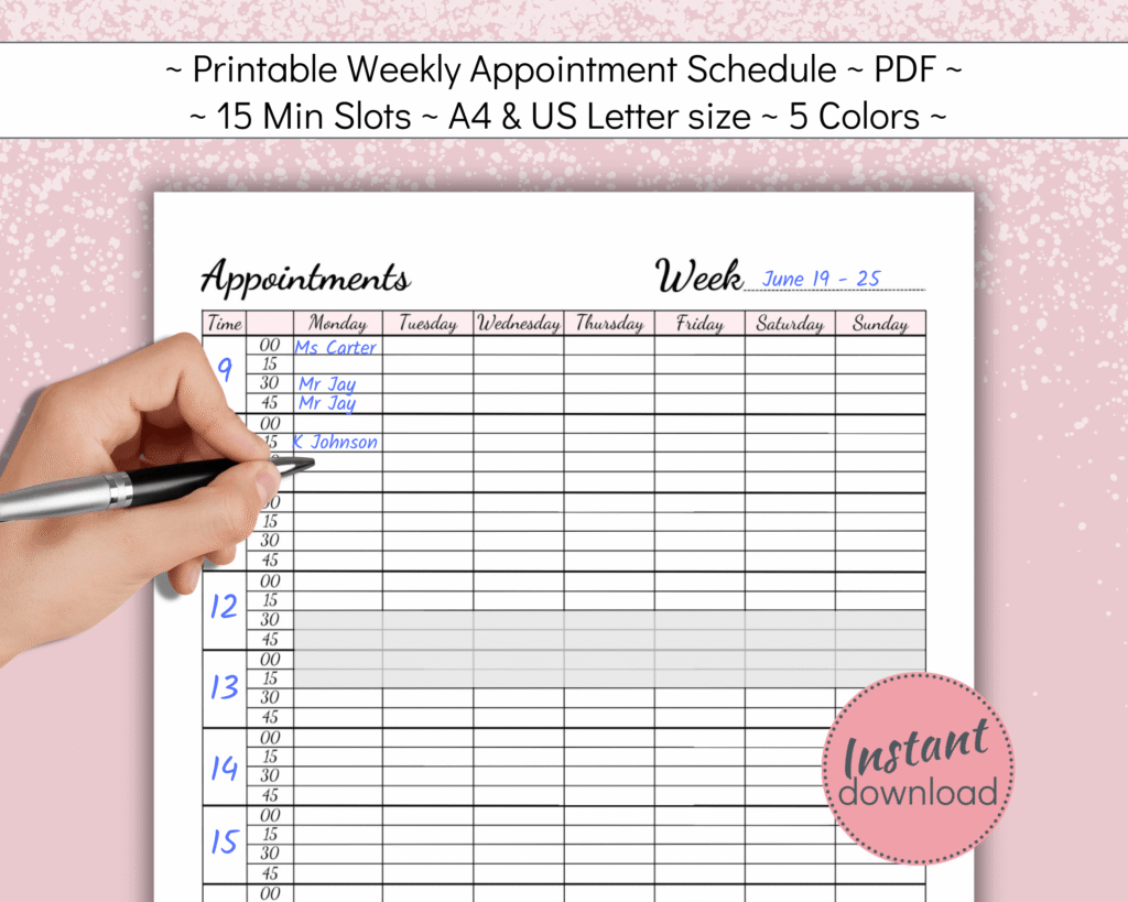 Printable Appointment Planner mon-sun 15 min intervals