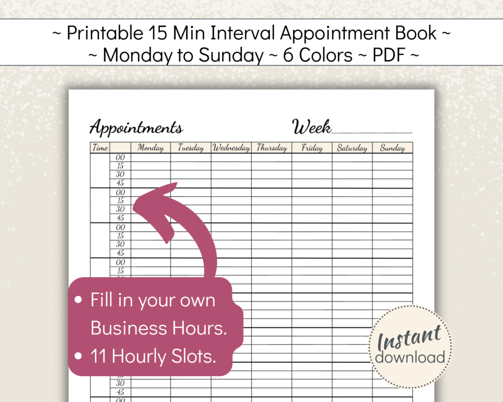 Printable Appointment Planner mon-sun 15 min intervals