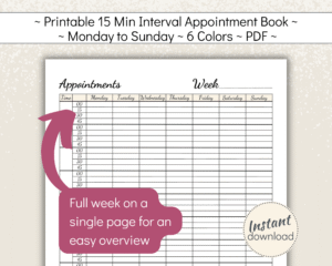 Printable 7 day Appointment book 15 min time slots