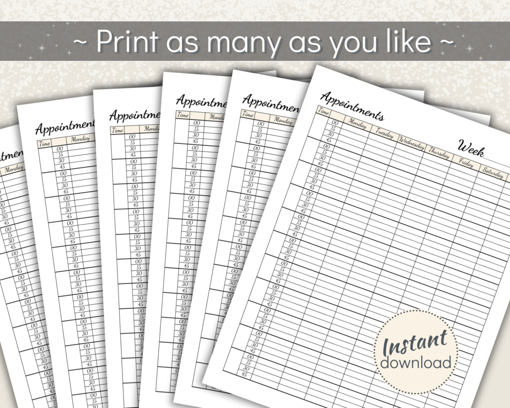 Appointment booking planner mon-sun 15 min intervals